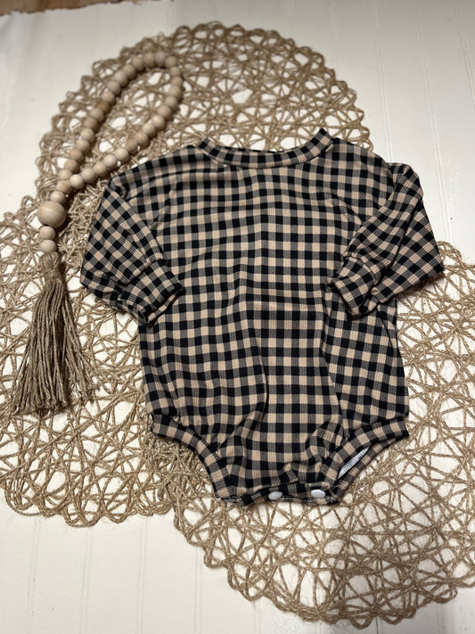 Brown and tan gingham sweater romper (6/9)