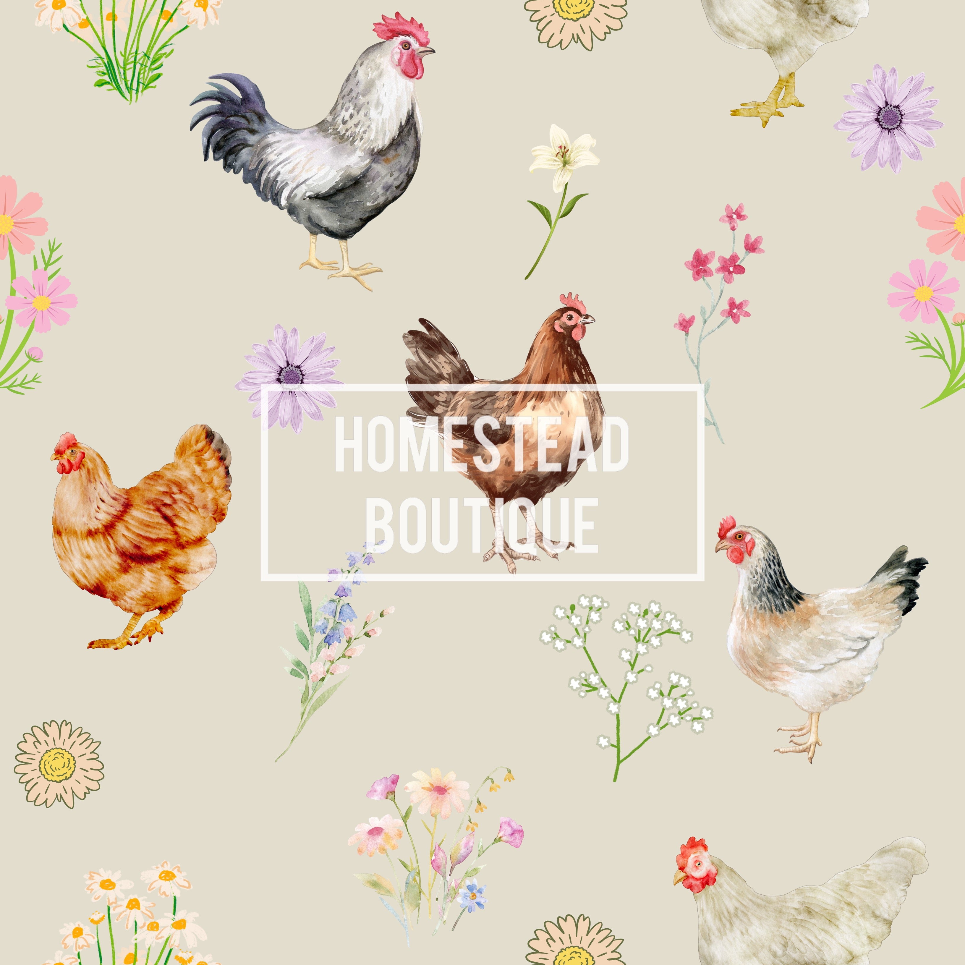 Chicken and flowers seamless